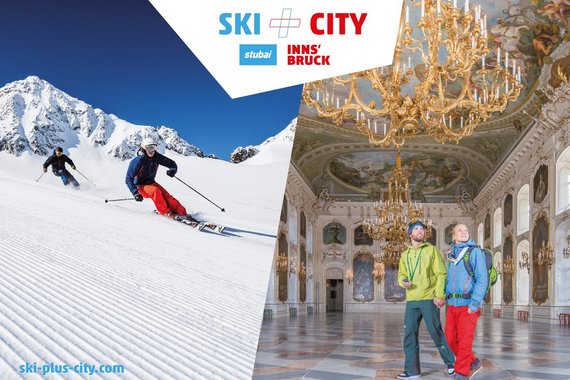 Ein Werbebild mit Logos und mit einem Bild von zwei Skifahrern links und rechts einem Paar in einem alten Gebäude